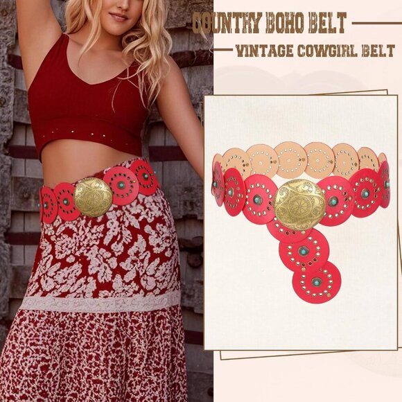 Woman\'s Western PU Leather Belts Concho Disc Wide Waist Belt Red Bronze Buckle main image 5